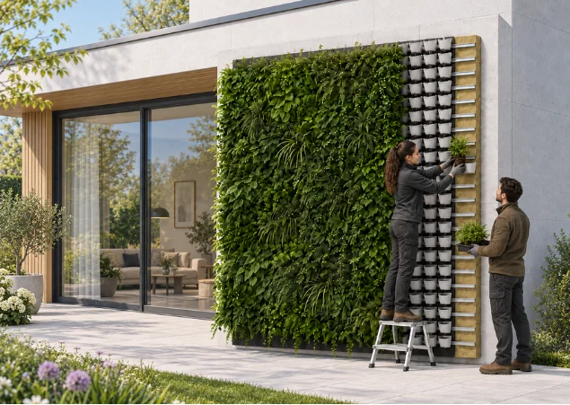 Visualisierung der Bepflanzung im laufenden Betrieb: begrünte Wandfläche an einer Hausfassade neben einer Terrassentür, zwei Personen setzen Pflanzen in die oberen Gefäße