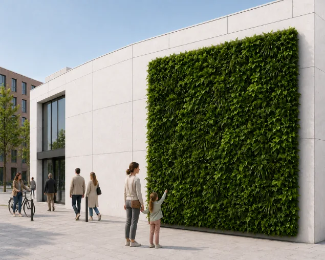 Visualisierung einer Wandfläche an der Außenfassade: begrünte Fassadenfläche an einem Gebäude im Stadtraum, Passanten und Radfahrer davor