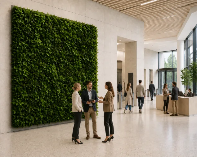 Visualisierung desselben Systems im Innenraum: große begrünte Wand im Foyer eines Bürogebäudes, Menschen stehen davor im Gespräch