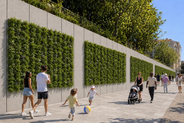 Visualisierung einer begrünten Stützwand am Gehweg: Menschen gehen vorbei, Kinder spielen mit einem Ball