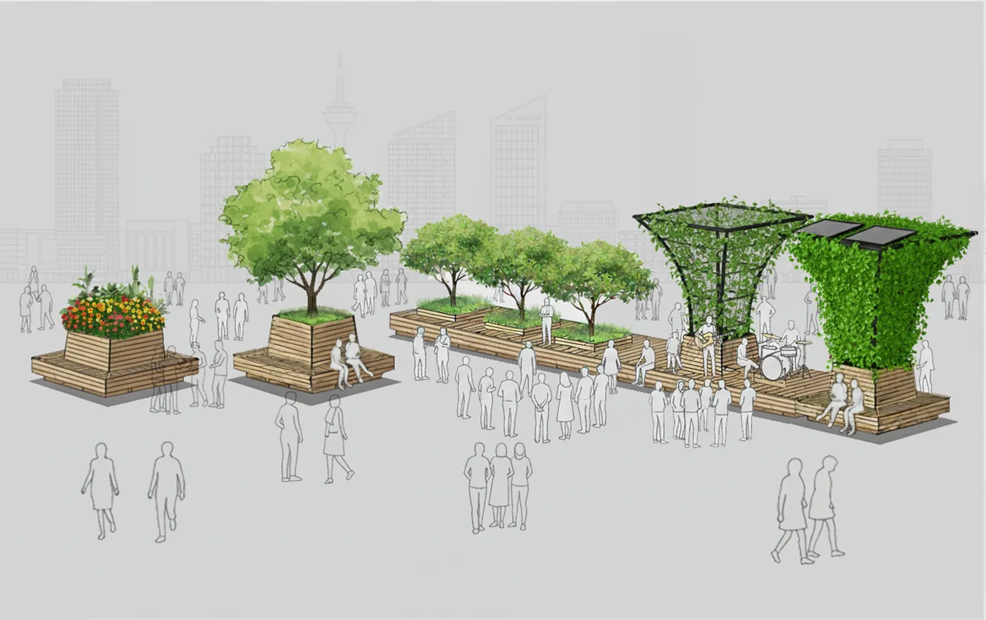 Darstellung des Sonnenarkaden-Baukastens: Pflanzmodule, Baumquartier, Sitzbänke und zwei begrünte Arkaden auf einem Stadtplatz