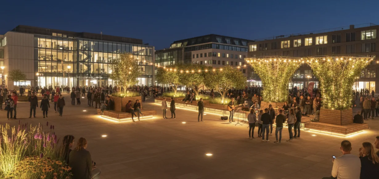 Beleuchtete Sonnenarkaden auf einem abendlichen Stadtplatz, Menschen sitzen auf den umlaufenden Holzbänken