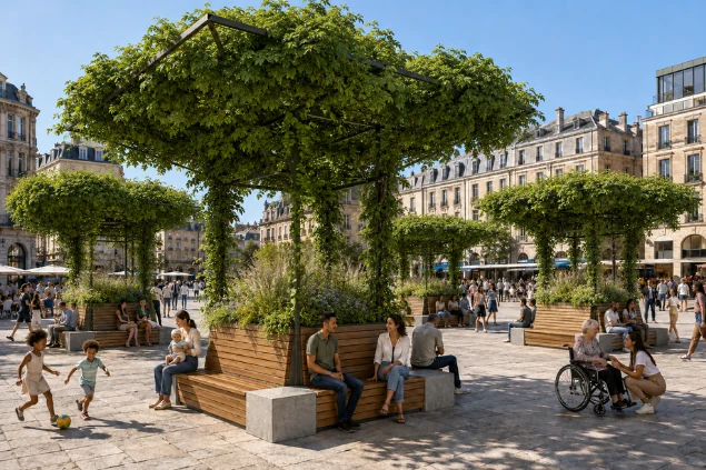 Visualisierung mehrerer Arkaden als Platzfigur: Sonnenarkaden auf einem innerstädtischen Platz, Menschen sitzen im Schatten, Kinder spielen, eine Person im Rollstuhl