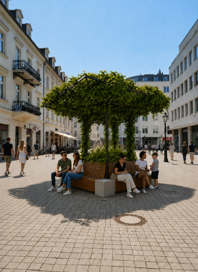 Visualisierung einer einzelnen Arkade in der Fußgängerzone: Sonnenarkade zwischen Altbauten, Menschen sitzen auf der Holzbank